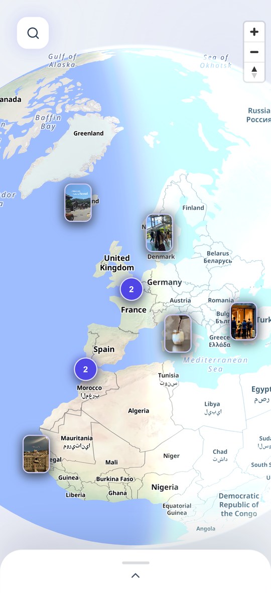 Le globe Sokka avec les lieux repérés dans les vidéos, épinglés pays par pays.