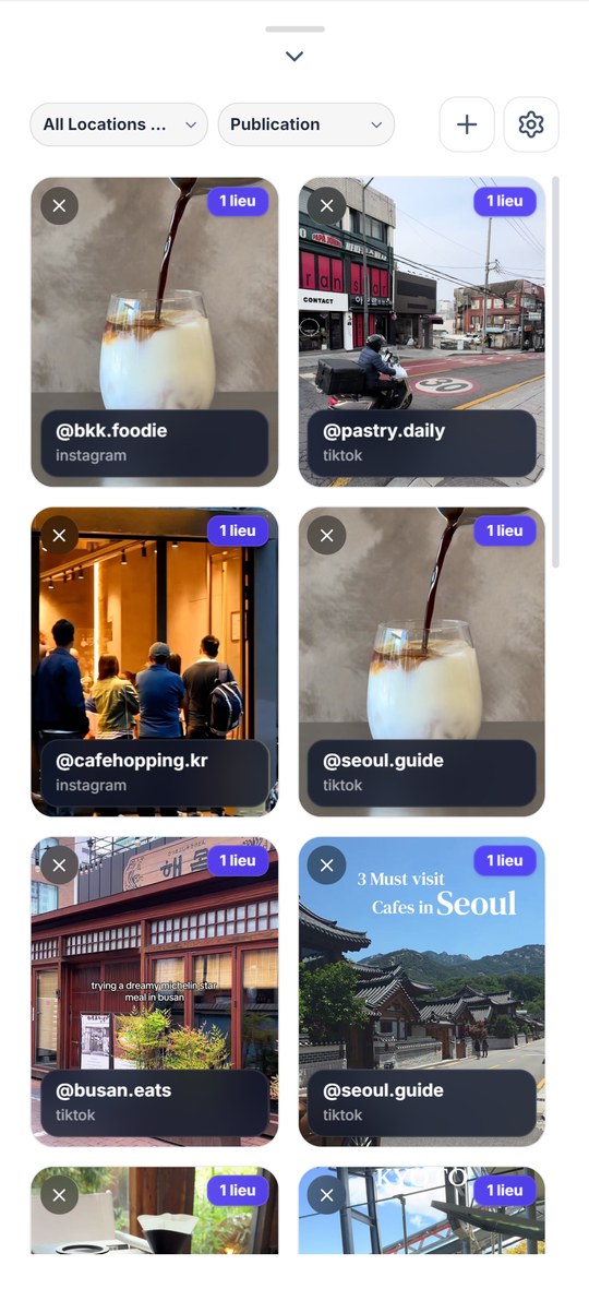 La liste des publications TikTok et Instagram analysées, chacune avec le nombre de lieux trouvés.