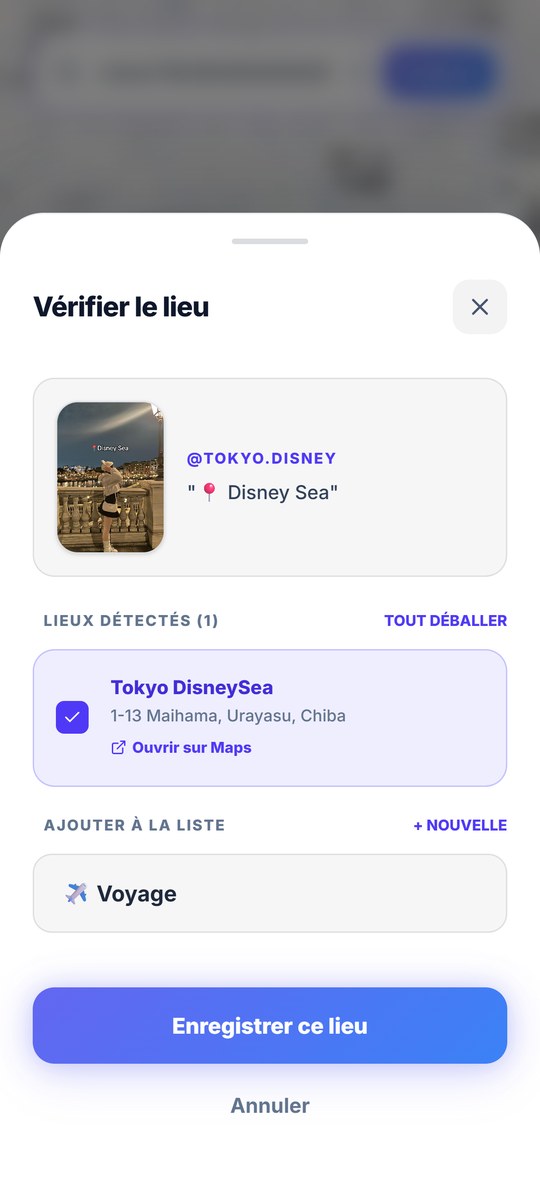 L'écran « Vérifier le lieu » : le lieu trouvé dans la vidéo, son adresse, et la liste où le ranger.